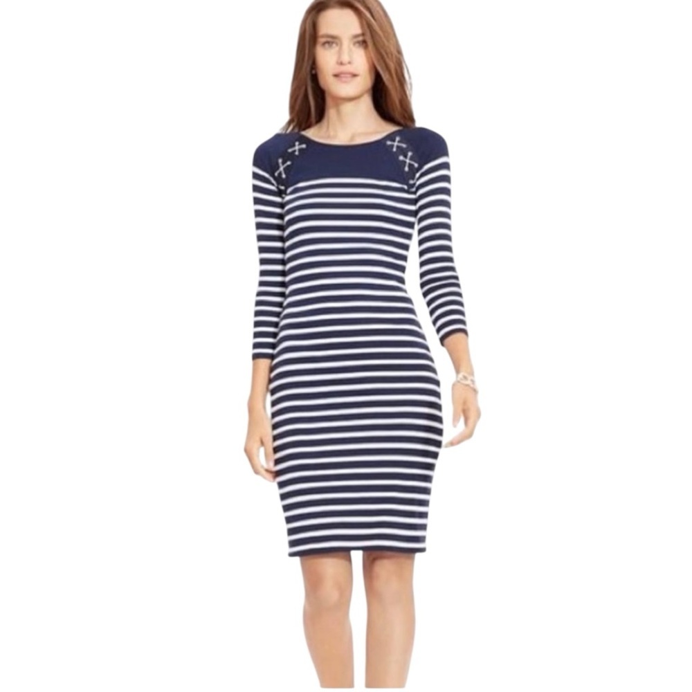 Lauren Ralph Lauren SZ M Navy Nautical White Stripe Dress Coastal Preppy Spring - Picture 12 of 12